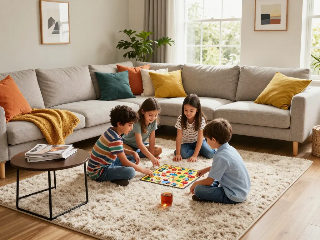Enjoying quality family time on affordable carpets London in a cozy living room.