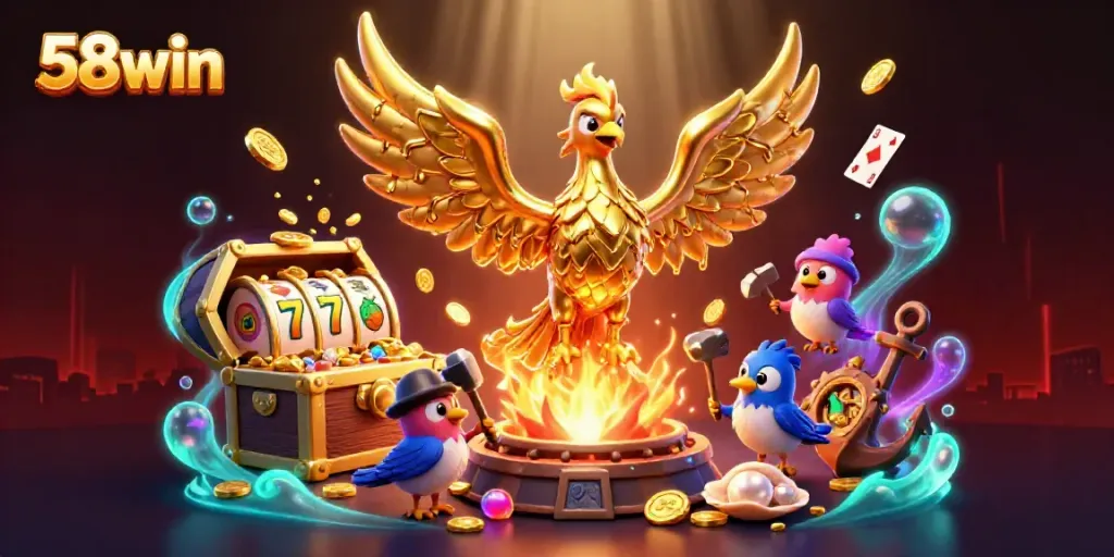 Experience immersive gaming with 58win featuring golden phoenix and slot elements in a vibrant, dynamic scene.