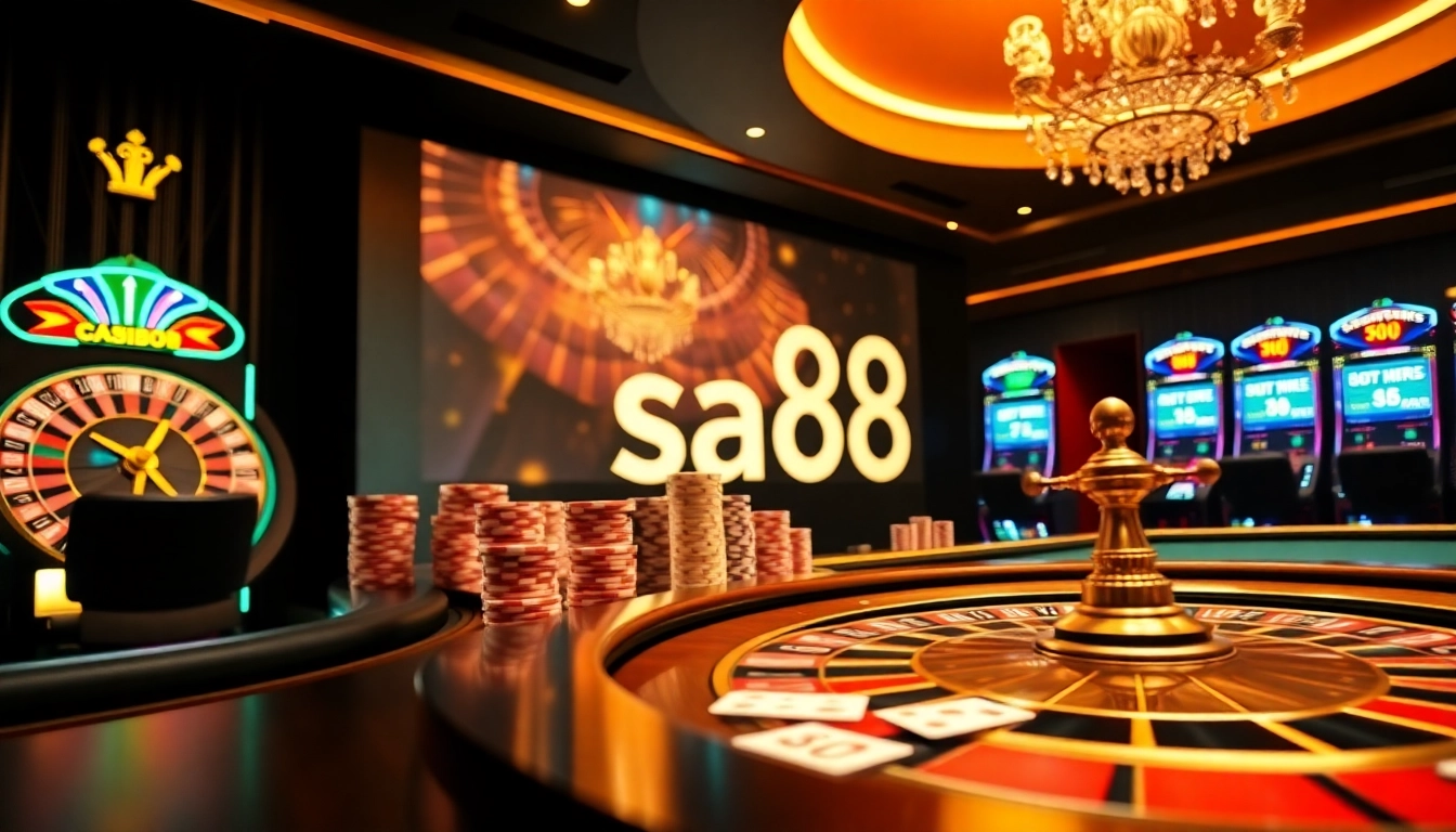 Experience the thrill of sa88 with vibrant casino elements like roulette, poker chips, and slot machines.
