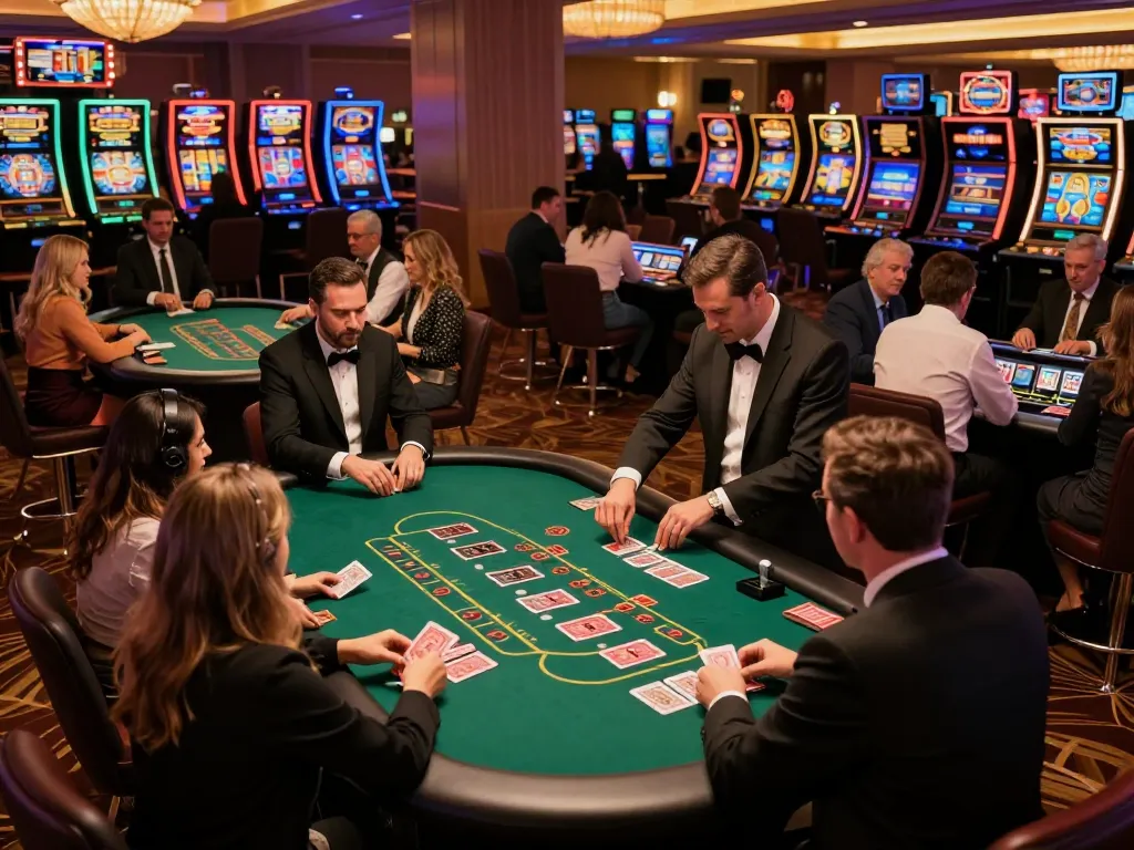 Players engaging in blackjack at LV88 casino, showcasing excitement and strategy in a vibrant environment.