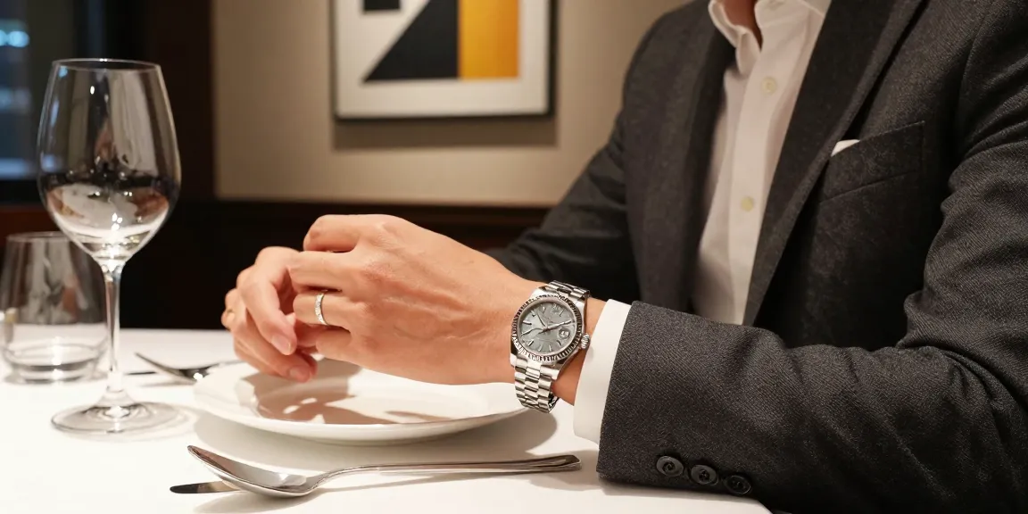 Elegant individual displaying a detailed rolex replica watch in a sophisticated dining setting.
