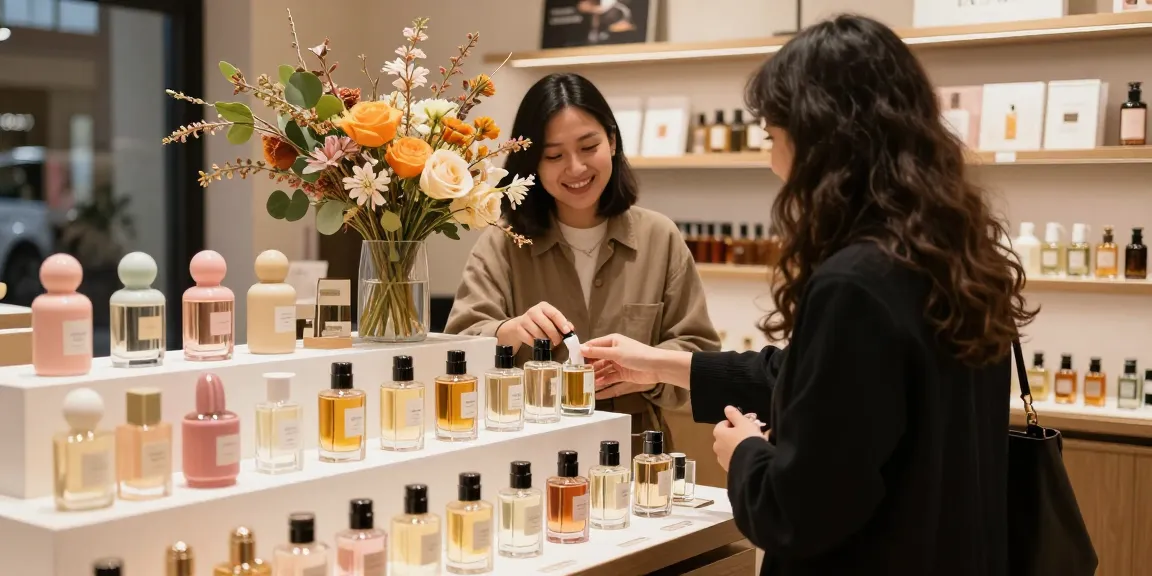 Seasonal fragrances showcased in a chic boutique, with varied perfume bottles and a customer interacting with the sales associate.