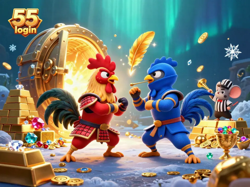 Win big with 55 lottery login in a vivid 3D cartoon showdown among battling roosters.