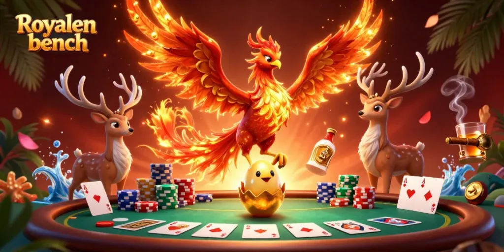 Experience the Royalen bench in an exciting casino scene with vibrant characters and gaming action.