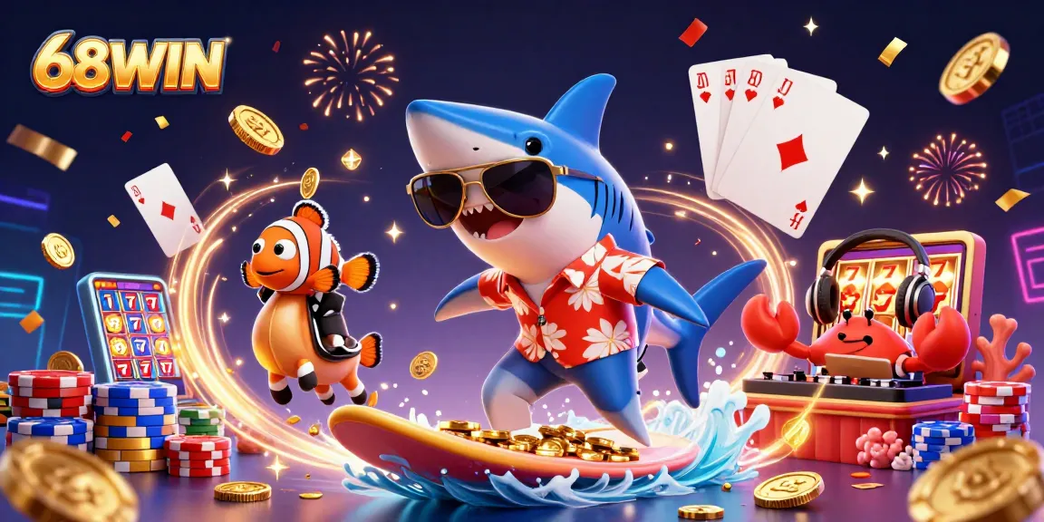 Experience thrilling wins at 68WIN with a vibrant 3D casino adventure illustration.