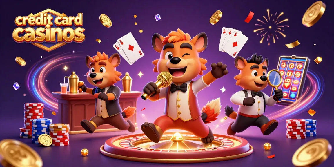 Join the fun at credit card casinos with lively hyena characters in a vibrant casino scene.
