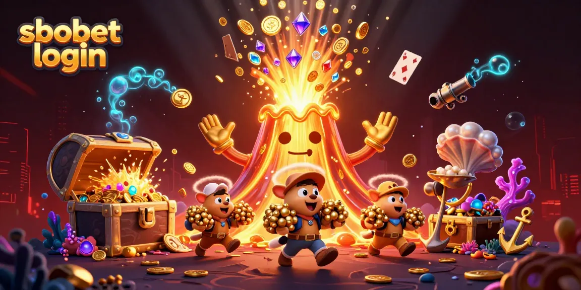 Engage with sbobet login as you discover treasure with a triumphant golden volcano amidst a vibrant casino scene.