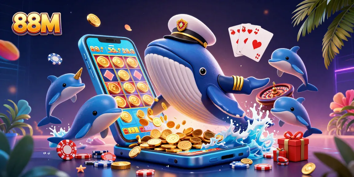 Engage with 88M's gambling adventure as a whale and narwhal explore vibrant casino treasures.