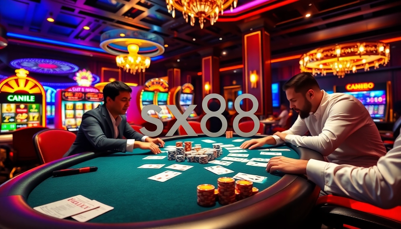 SX88 casino scene with live dealer and players at a poker table, showcasing excitement.