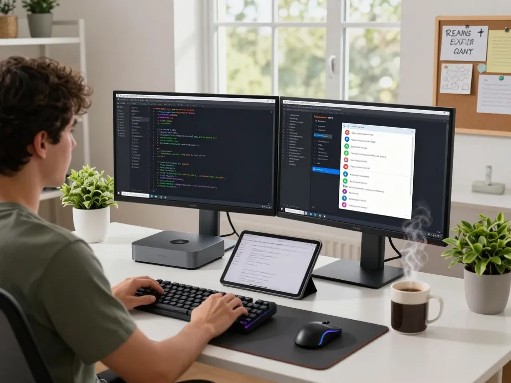 Person using a Mac Mini in a modern home office, showcasing task automation with MoltBot AI.