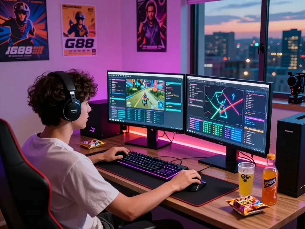 Immersive gaming environment at https://g88.de.com/ featuring dual monitors, a focused gamer, and vibrant LED lights.