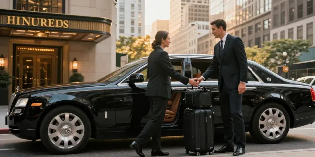 Black car service NYC featuring a professional chauffeur assisting a business traveler, highlighting luxury and reliability.