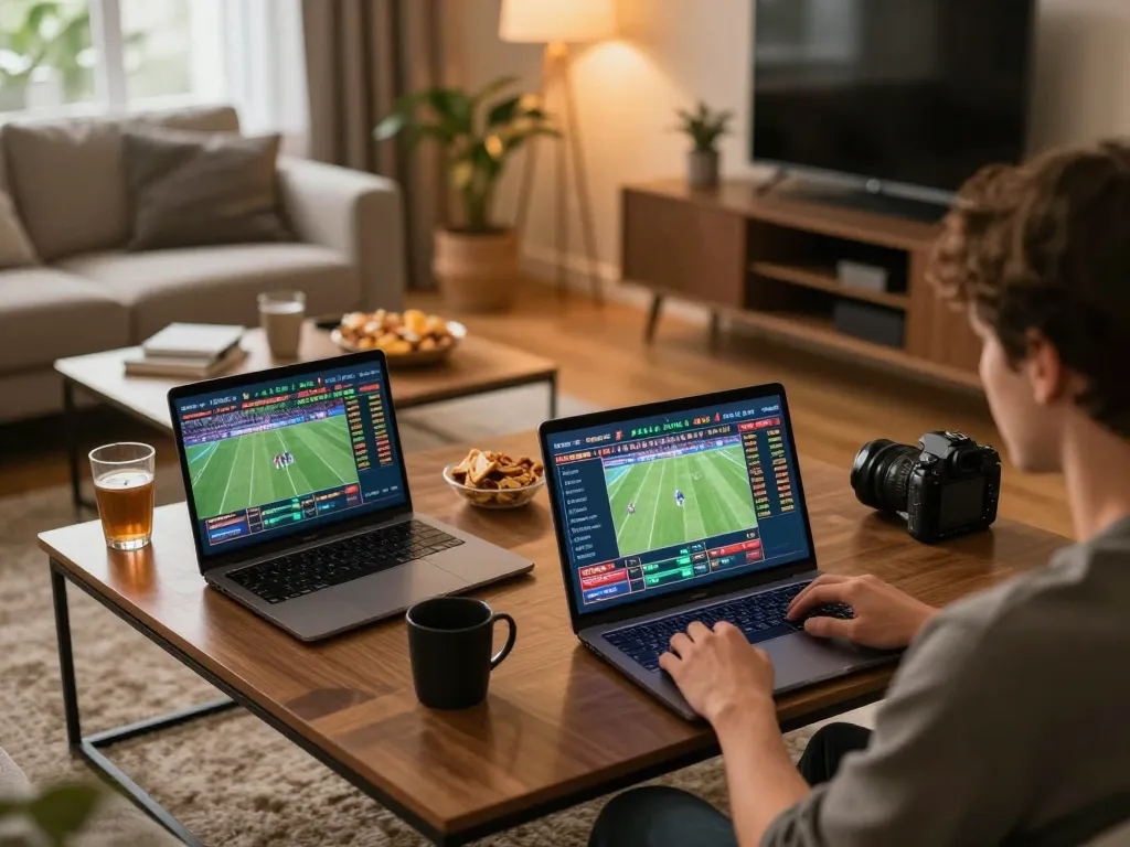 Person engaged in sports betting with 789bet on a laptop in a cozy living room setting