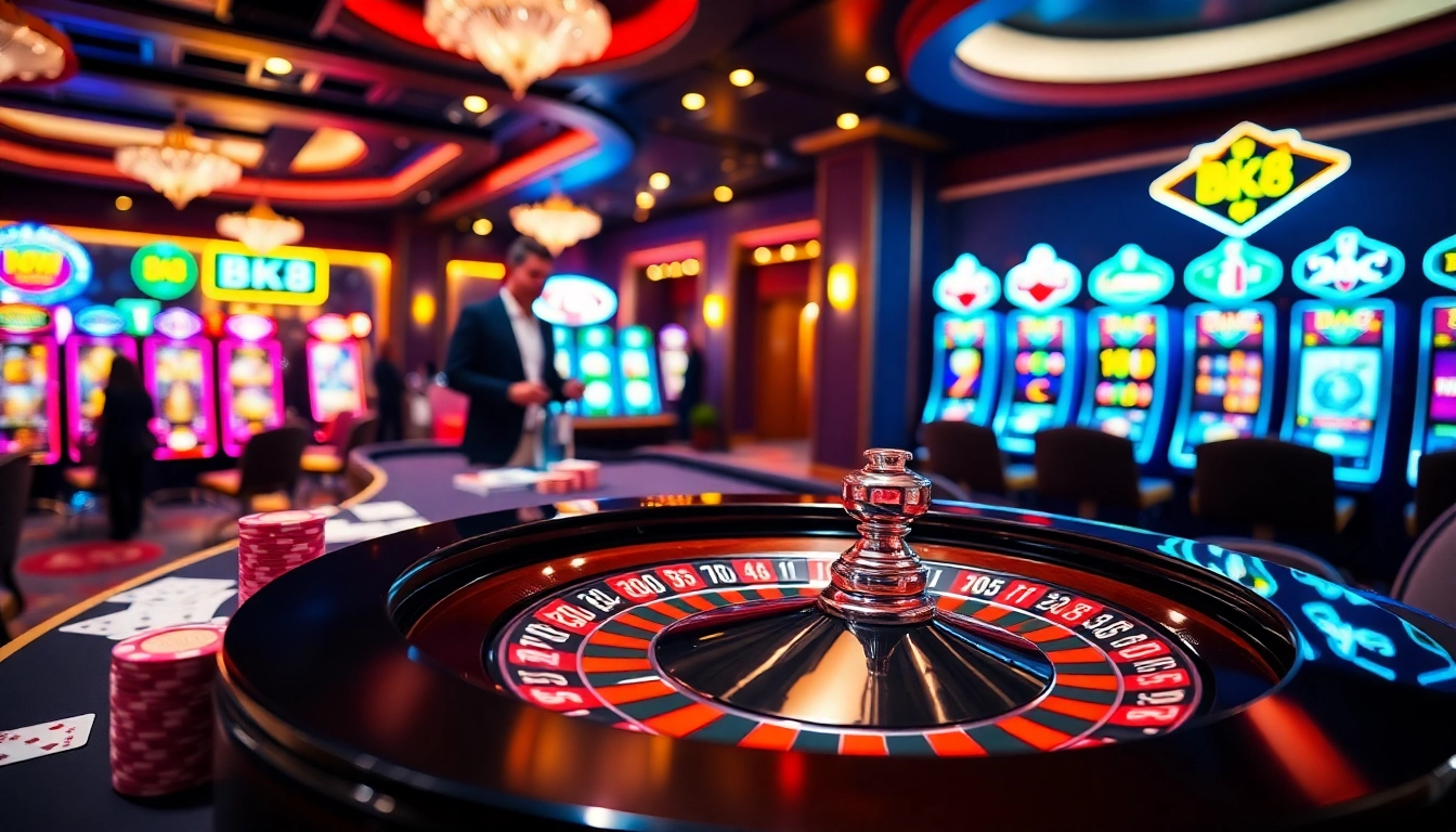 Players enjoying the elegant bk8 casino atmosphere with roulette and poker chips.