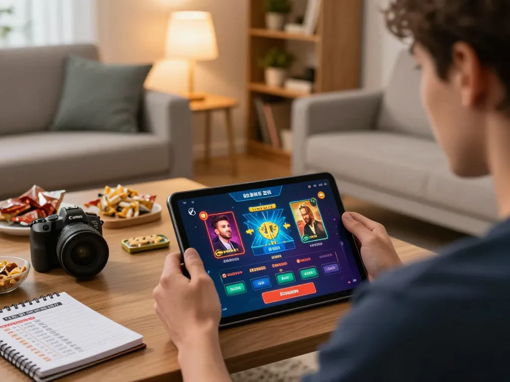 Engaging online casino gameplay on a tablet at home, illustrating the modern gaming experience at https://sky88live.com/ with cozy decor.