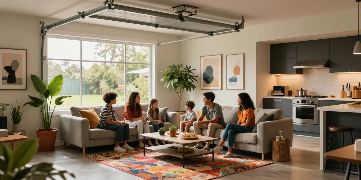 Garage conversions featuring a transformed living space with cozy seating and modern decor.