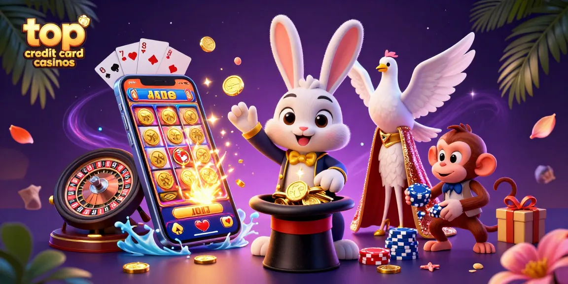 Engaging illustration of top credit card casinos showcasing a magician rabbit, dove, and monkey amidst casino elements.