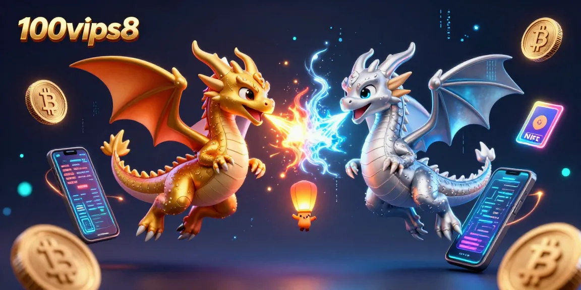 Experience thrilling gaming at 100vips8 with vibrant 3D dragons, Bitcoin coins, and neon effects.