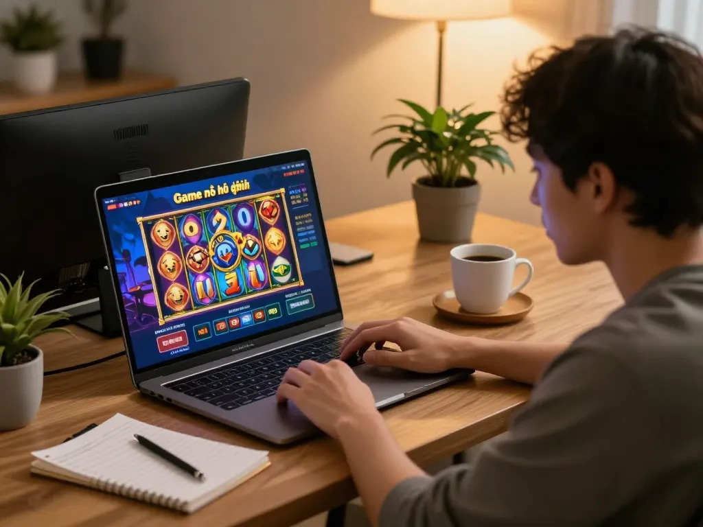 Player enjoying Game nổ hũ đổi thưởng on laptop in a cozy home gaming setup with notes and coffee.