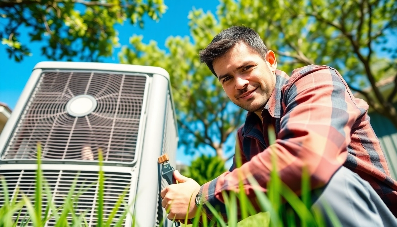 AC Repair Tampa technician expertly fixing an air conditioning unit in a sunny residential garden.