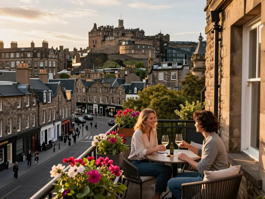 airbnb management edinburgh showcasing a stylish rental with guests enjoying the city views in golden hour light