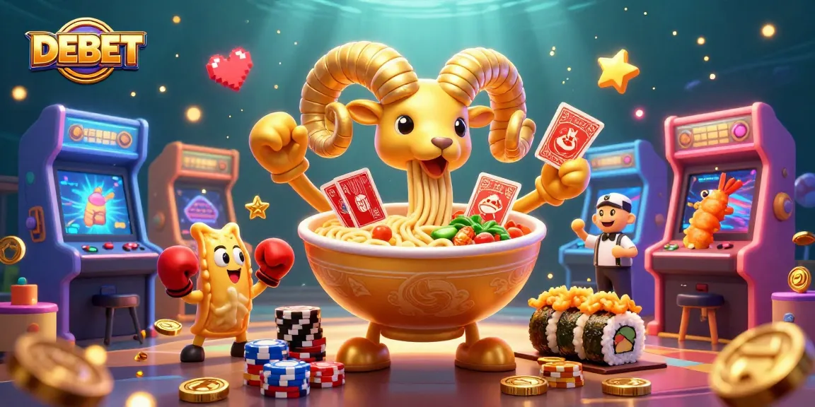 Engaging DEBET gaming scene with cartoon golden ramen bowl dealer and lively casino elements.