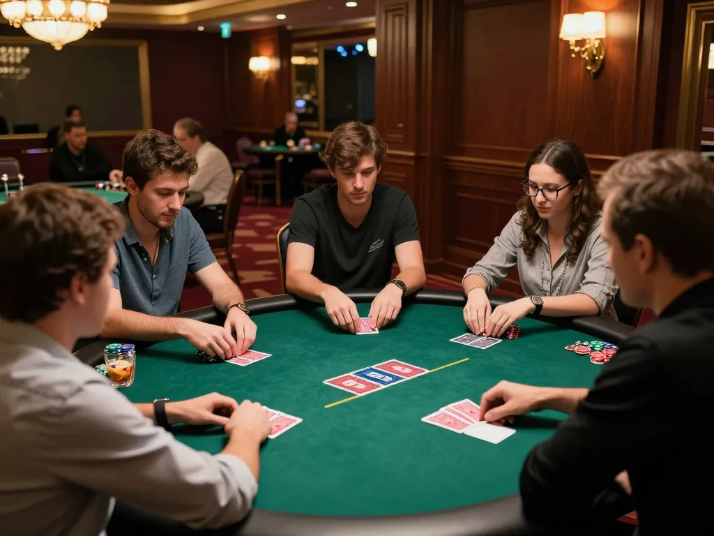 Net88 poker players analyze strategies at an elegant casino table, showcasing thrilling gameplay.