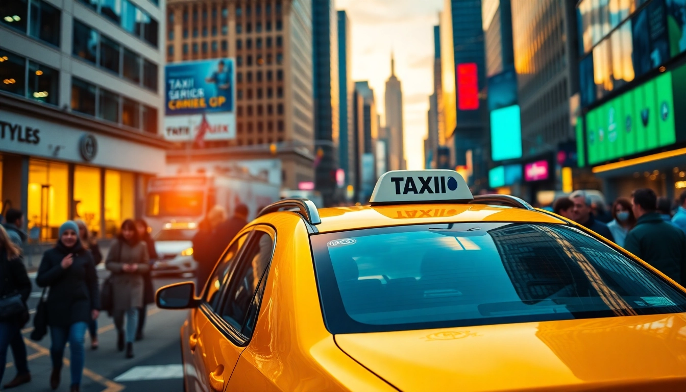 Taxi cab waiting on a city street for passengers, showcasing urban vibrancy.