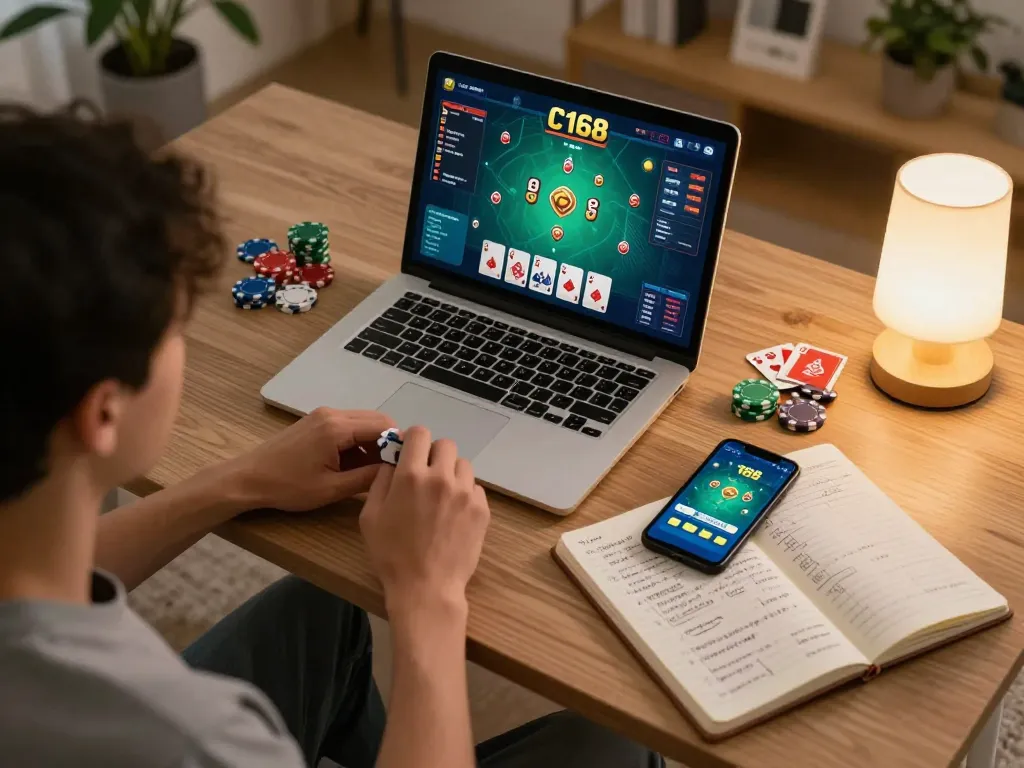 C168 game interface on a laptop during an online poker session in a cozy home setting.