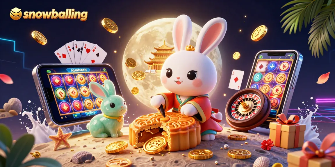 Snowballing experience with a whimsical moon rabbit and casino-themed elements, creating a rich gambling atmosphere.