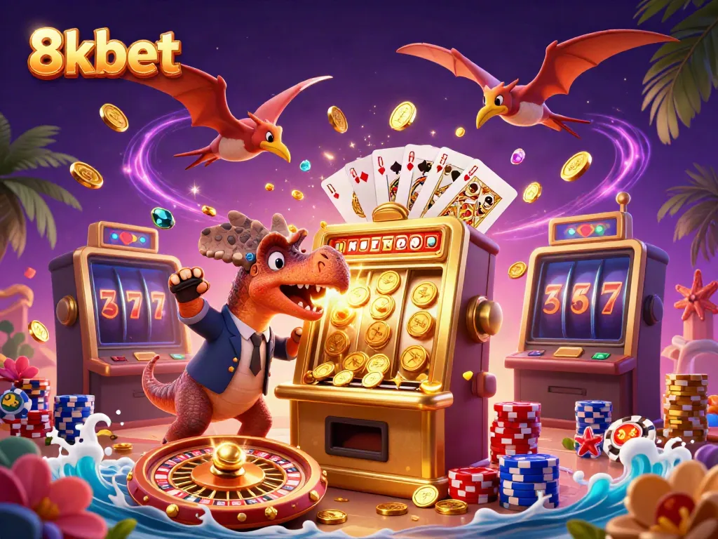 8xbet features a whimsical 3D scene with a dinosaur and slot machine, capturing casino excitement.