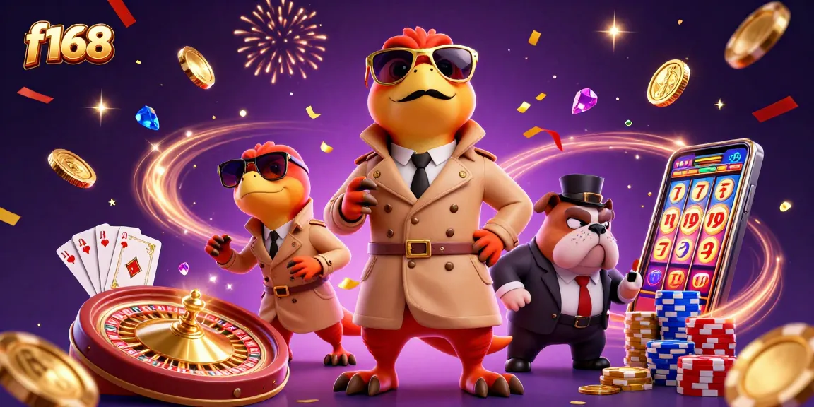 Experience excitement at f168 with vibrant casino action and dynamic characters in a colorful scene.