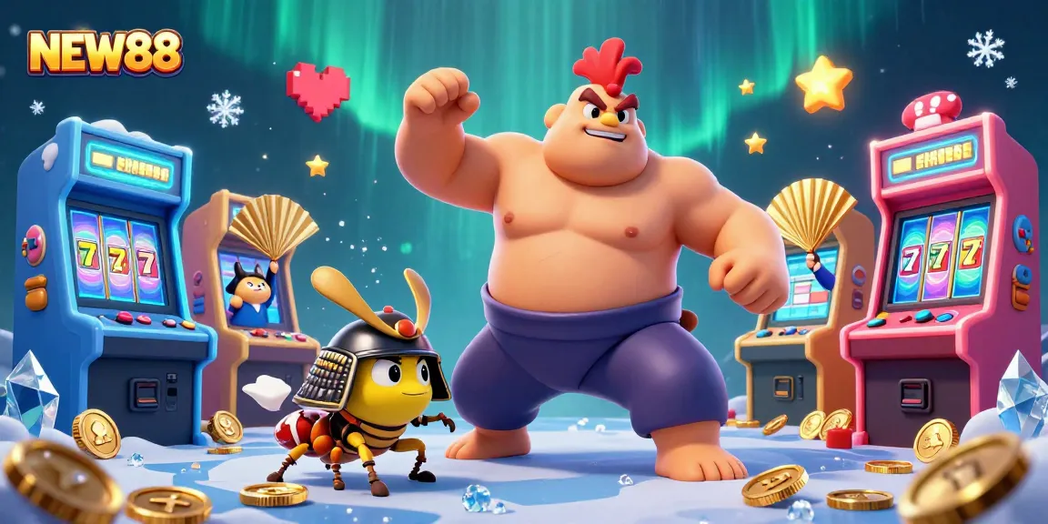 Experience thrilling gameplay at NEW88 with dynamic characters and vibrant slot elements in a 3D casino scene.