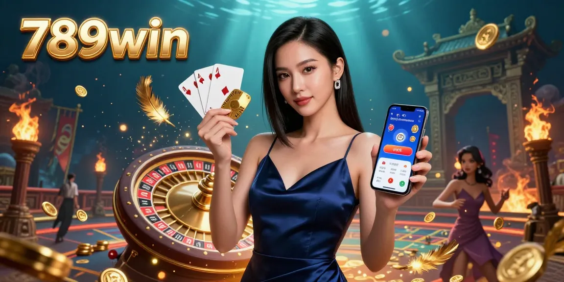 Engage dynamically with games at 789win, featuring stunning visuals of a confident Asian woman amid gambling elements.