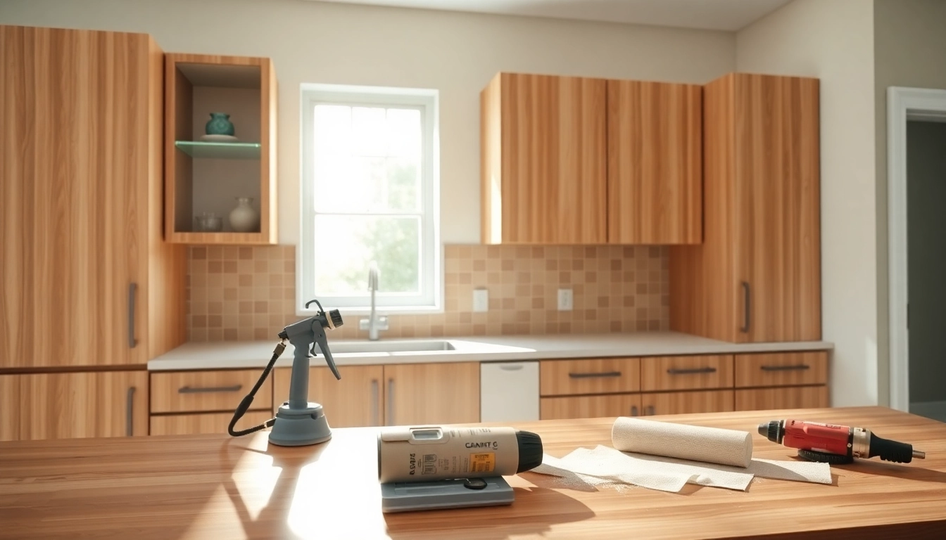 Cabinet Refacing Clearwater FL showcasing modern cabinets and tools in a bright kitchen scene.
