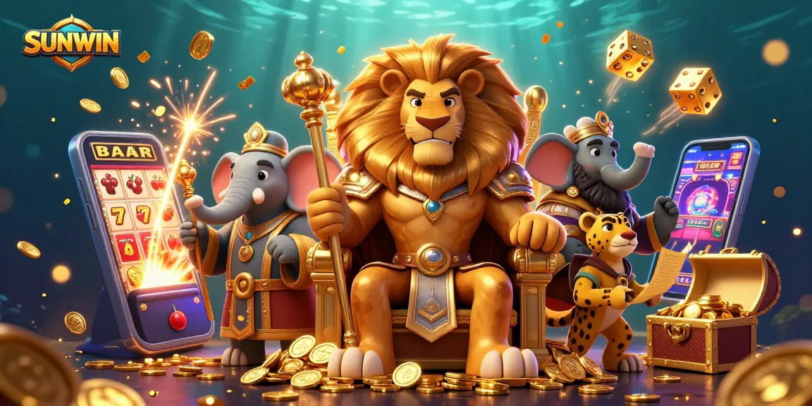 Experience the thrill of SUNWIN with a vibrant 3D casino scene showcasing a lion king, elephant advisor, and cheetah messenger.