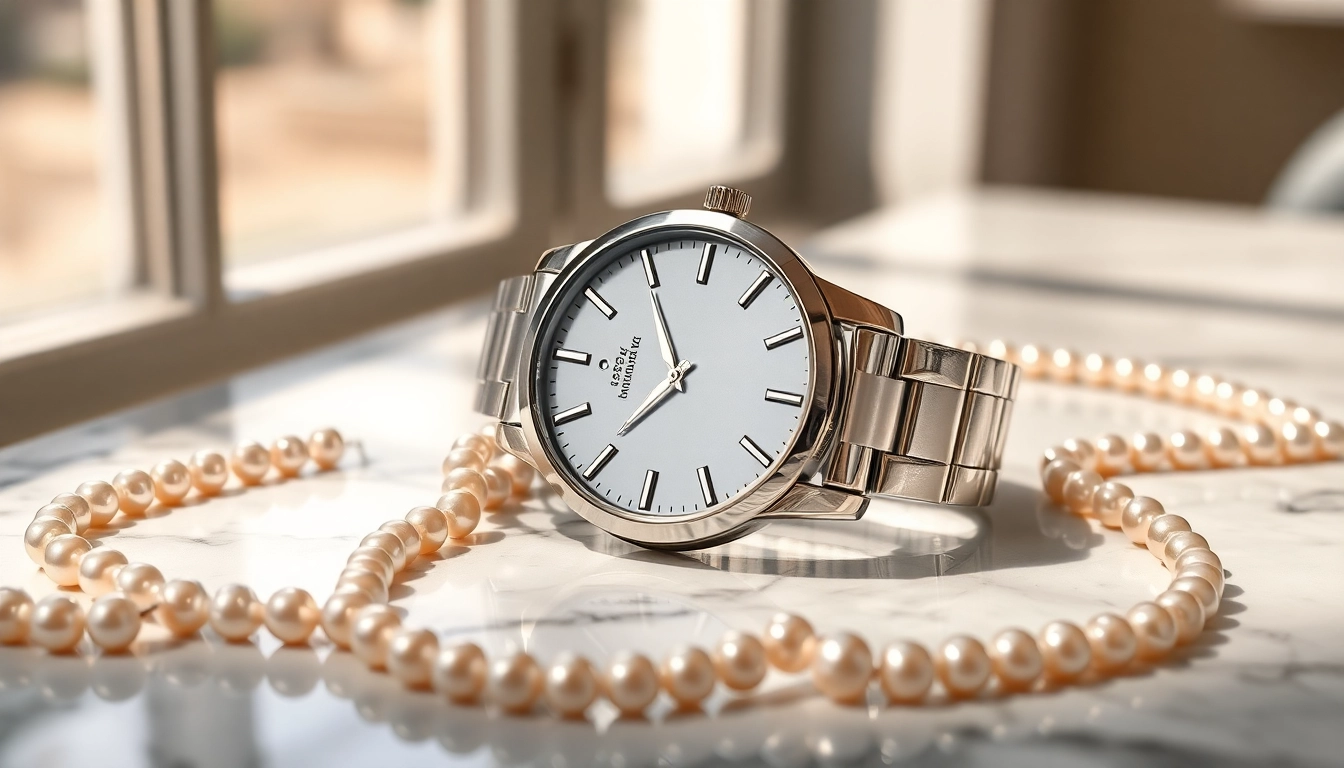Admiring the timeless design of the Ladies Classic Smart Watch with pearl accents and elegance.