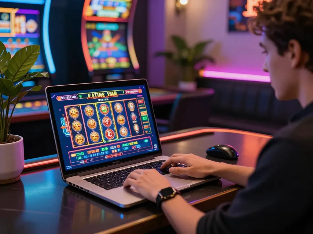 Engaged user exploring TT88 online gaming platform on laptop amid vibrant casino atmosphere.