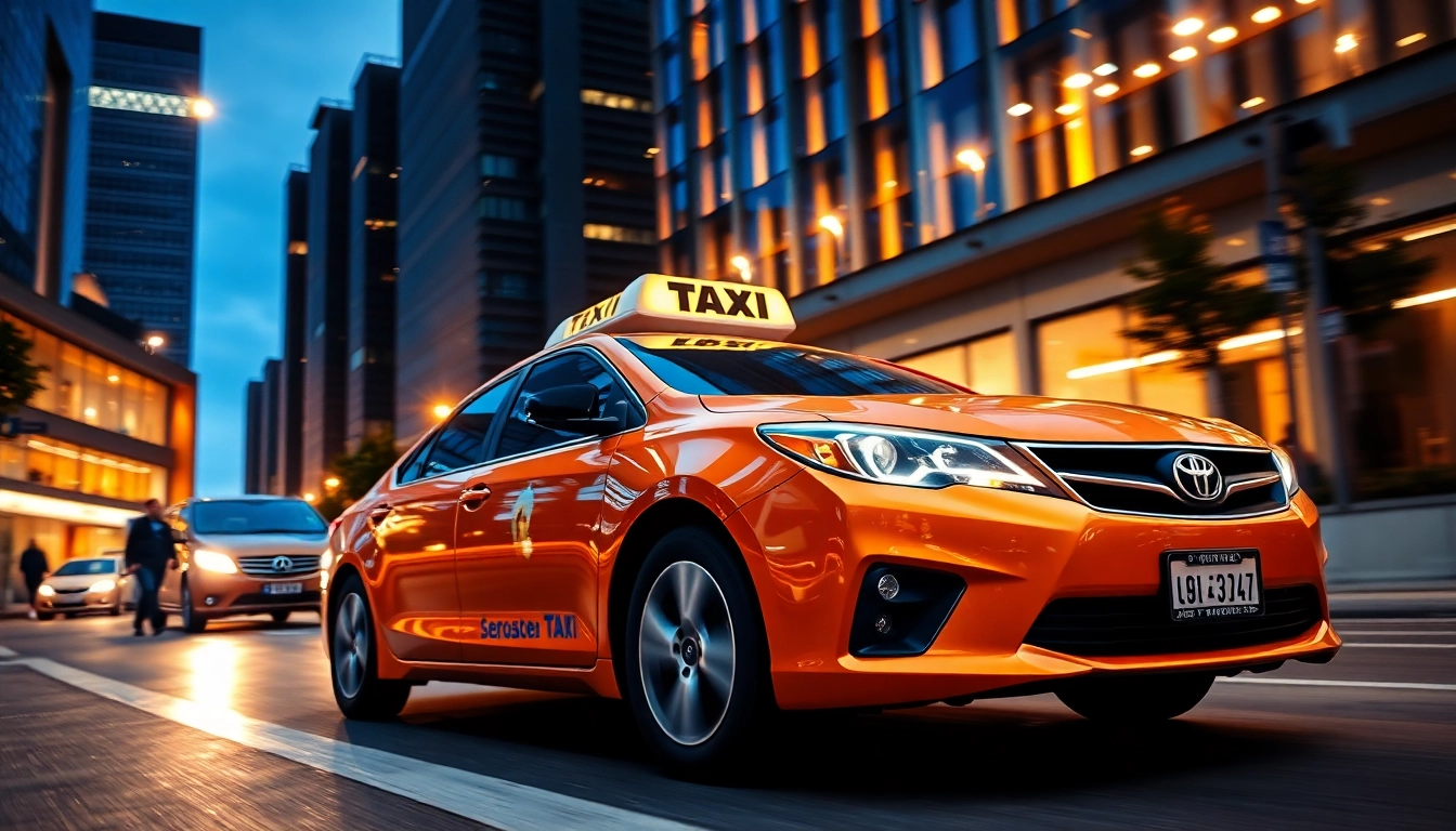 Taxis navigating a vibrant urban cityscape at twilight with bright city lights.