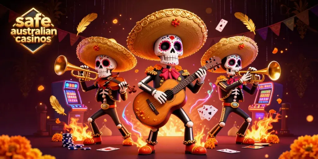 Engage in safe Australian casinos with a vibrant skeleton mariachi scene filled with casino elements.