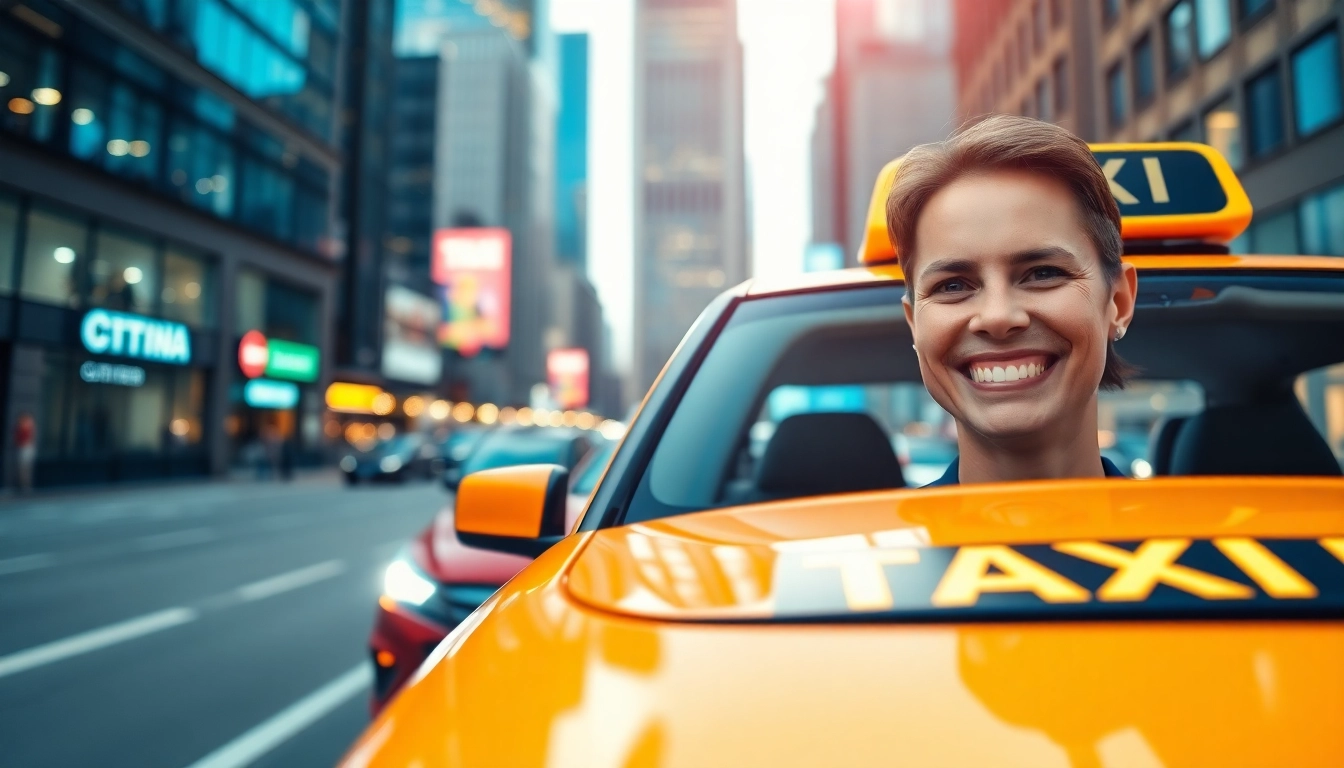 Taxi driving through a vibrant city, showcasing friendly service and urban vibrancy.
