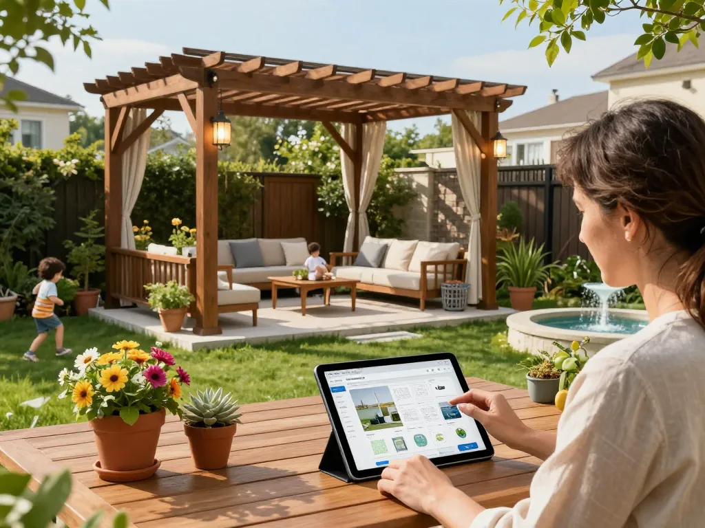 Using a pergola configurator on a tablet in a beautiful backyard setting