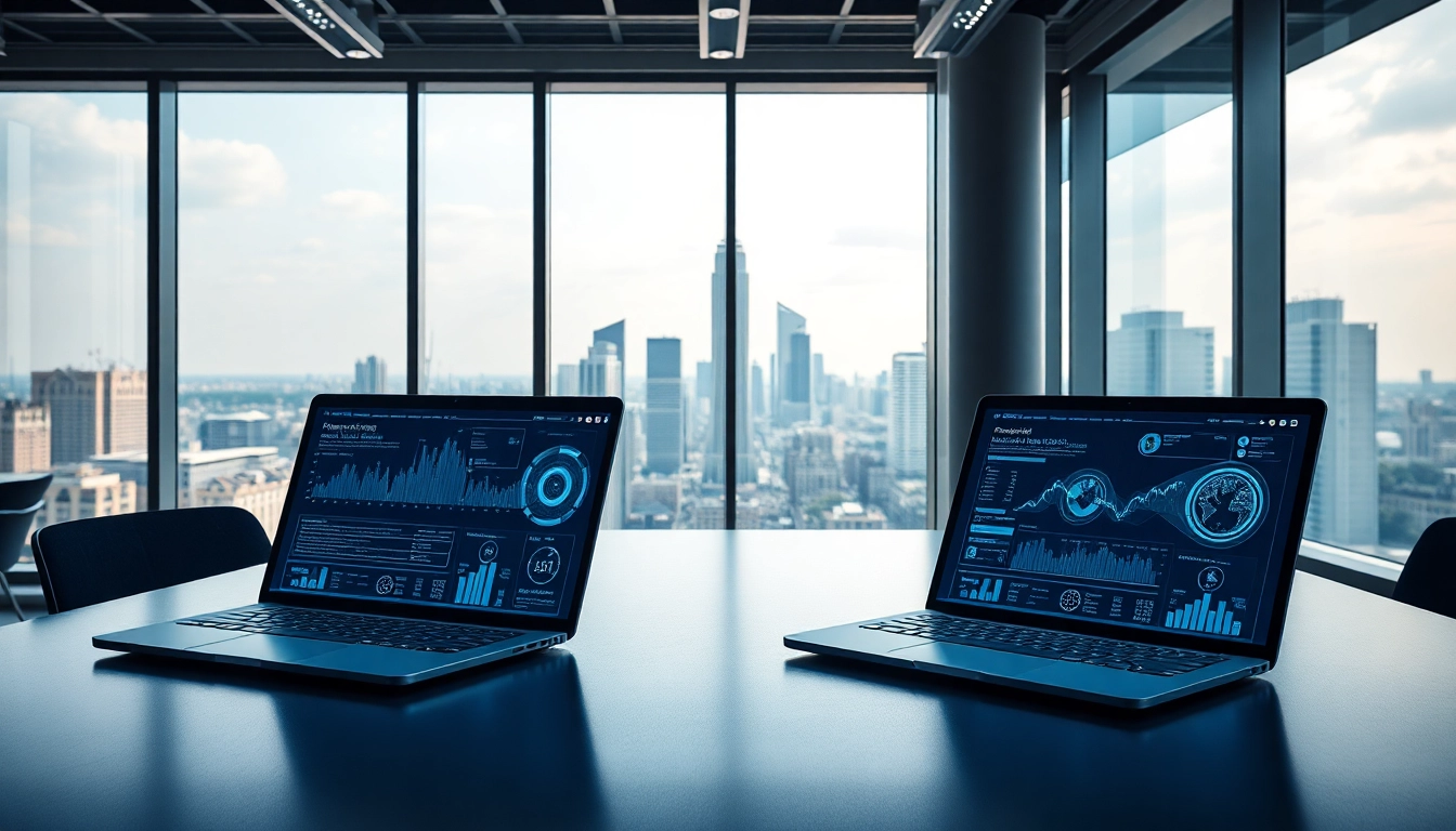 AI +18 technology workspace with advanced devices and city view