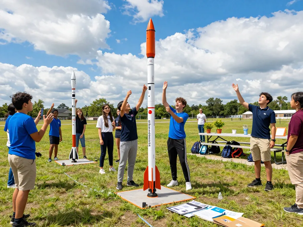 Students launching model rockets in an outdoor educational setting, showcasing excitement and teamwork.