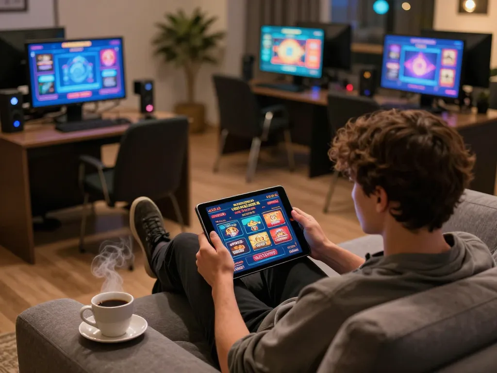 g28 user enjoying an engaging online casino experience on a tablet in a cozy home environment