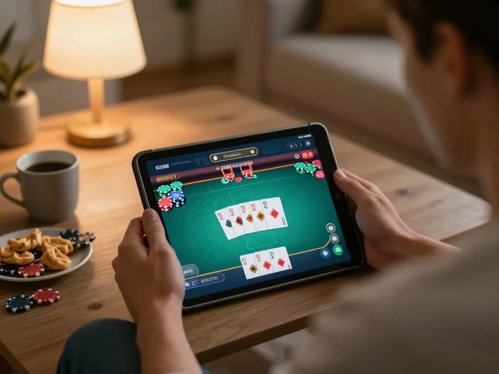 Player enjoying sc88 online poker game on a tablet in a cozy living room setting