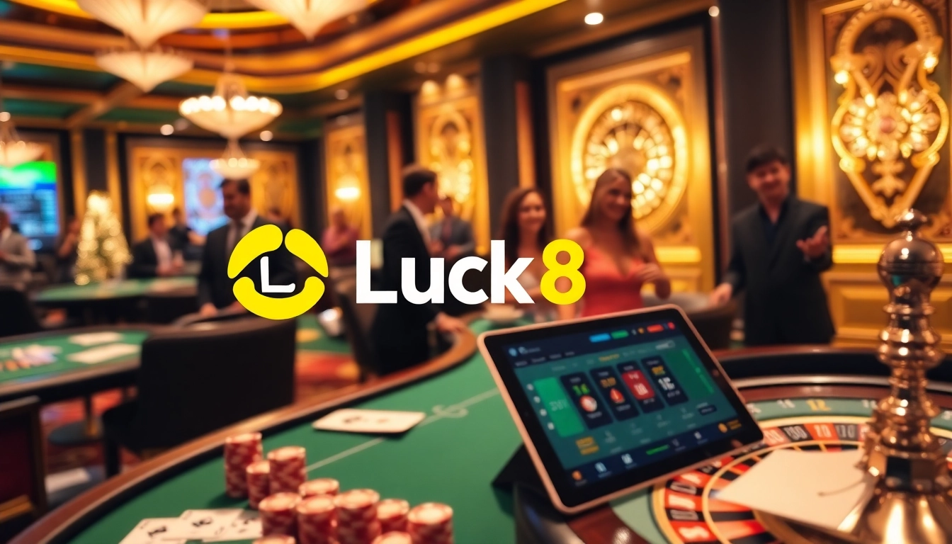 Luck8 casino scene featuring poker tables, roulette wheel, and vibrant online gaming interface.