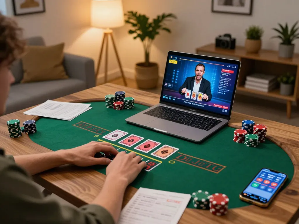 Player engaging in an NK88 live dealer blackjack game on a laptop in a cozy gaming setup, showcasing online gambling strategy.