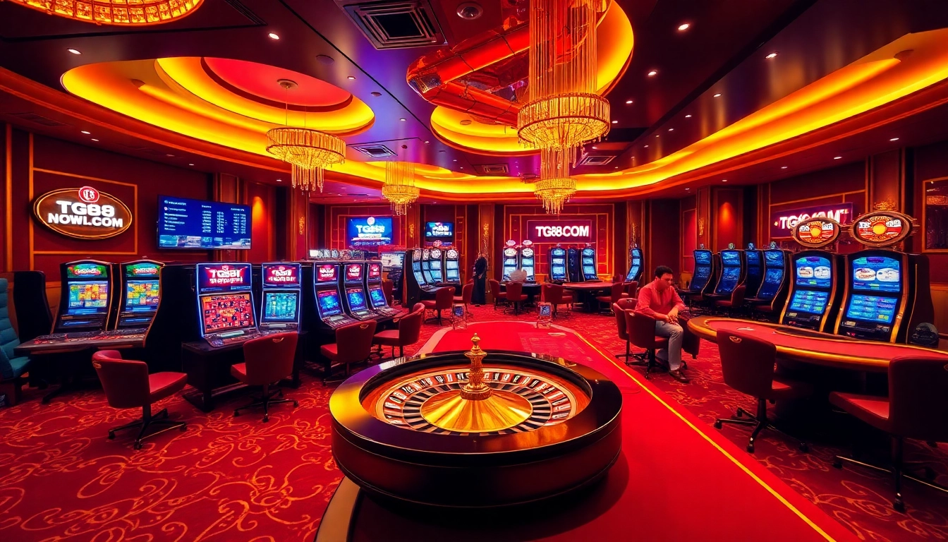 A luxurious casino interior featuring slots, a poker table, and a roulette wheel highlighting TG88.COM's vibrant gaming environment.