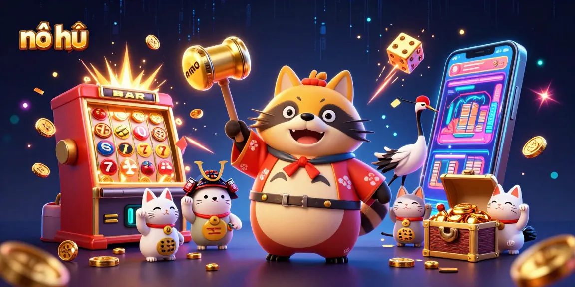 Engage with nổ hũ in this vibrant 3D casino illustration showcasing jackpot excitement and colorful characters.